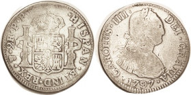 BOLIVIA, 2 Reales, 1797, Bust r/shield & pillars, decent VG/G, maybe a faint scr on rev, or maybe I'm seeing things. Good bold obv.