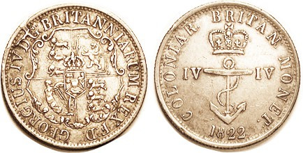 BRIT. WEST INDIES, 1/4 Dollar, 1822, "Anchor Money," Crowned anchor/arms, Nice E...