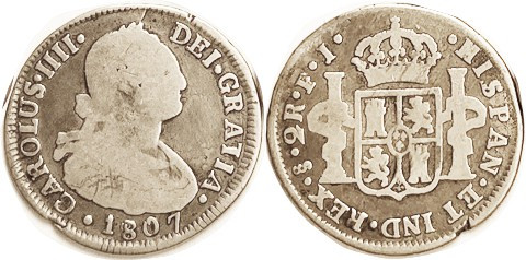 CHILE, 2 Reales, 1807, Nice VG+, tiny edge fault, very decent for this. (An ungr...