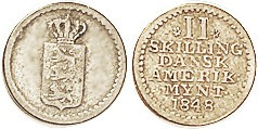DANISH W.INDIES, Ar 2 Skilling 1848, Shield/lgnds, F, ltly toned, quite decent for grade.