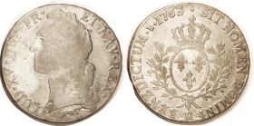 FRANCE, Ecu 1763-R, Louis XV bust r/3 lises in wreath, crown; VG/F, only slightest faults, bold & nice.