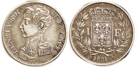 FRANCE, Pattern Ar Franc for Henri V, Pretender, 1831, Military bust l./ crowned arms, Reeded edge, Choice EF ltly toned. (An EF brought $297, Hirsch ...