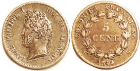 FRENCH COLONIES, 5 Centimes 1844A, Nice EF, well struck, unusual grade.