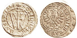 GERMANY, Brandenburg, Schilling, 1654, Monogram/ eagle, lgnds, VF, rev notably off-ctr; ltly toned, clear date.