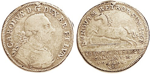 GERMANY, Brunswick-Wolfenbuttel, 1/3 Taler, 1768-IDB, Bust r/horse, AF, tiny top...
