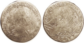 GERMANY, PRUSSIA, Taler, 1777-A, Fredk bust r/Eagle, cannon, flags; G, sl flan haymarking, toned.