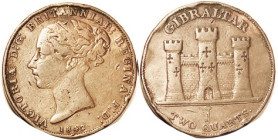 GIBRALTAR, 2 Quarts, 1842/1, F+, lt edge bumps. (KM F $50).