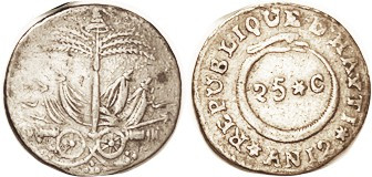 HAITI, 25 Centimes An 12 (1815), Tree & cannons etc, VF, quite decent for this. ...
