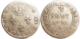 ISLE de France et Bourbon, 3 Sous, 1781, F (cat $90), minor wkness, good surfaces.