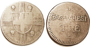 ITALY, Sardinia, 3 Cagliarese 1802-21, KM105, Shield/ lgnd; F, rev center wk but...