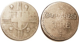 ITALY, Sardinia, 3 Cagliarese 1802-21, KM105, Shield/ lgnd; F, rev center wk but letters visible; good lt brown surfaces. RARE!! (Cat F $275; nicer th...