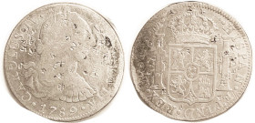 MEXICO, 8 Reales 1789 Charles IV, VG, around 15 small Chinese chopmarks each side.