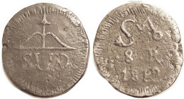 MEXICO, 8 Reales 1812 Oaxaca "Sud" Copper, Plain fields, VG-F, brown, many small surface faults.