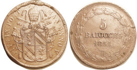 PAPAL STATES, 5 Bai, 1851-R-V, big copper 40 mm, Brown AU, striking crudeness at edges. Ex NASCA Wayte Raymond auc 5/78 w/env. (A VF with scrs & rim b...