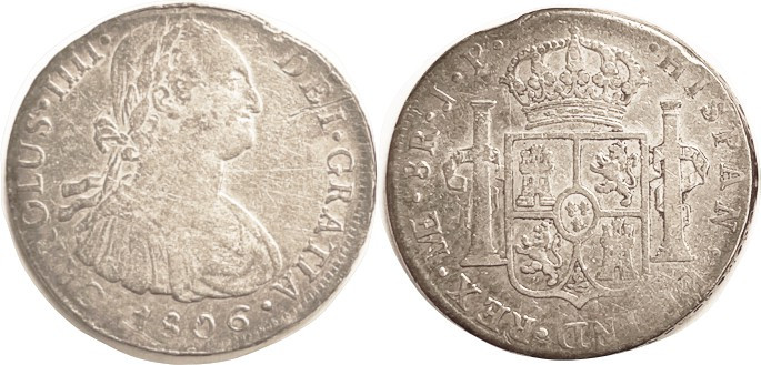 PERU, 8 Reales, 1806-JP, F-VF, small edge irregularity, couple obv scrs.