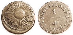 PERU, Æ 1/4 Real 1822, Provisional, KM135, Sunburst/ lgnd; F-VF, sl off-ctr & crude.
