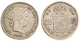 SPAIN, 2 Reales 1860-Ba F/VF minor scr.
