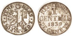 SWITZERLAND, Geneva, Centime 1839, AU, lustrous & toned.