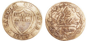 SWITZERLAND, Vaud, 1/2 Batz 1814 F-VF, slightest trace of bend; strong features.