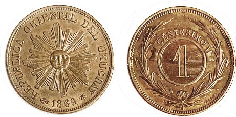 URUGUAY, Cent, 1869A Choice EF, luster traces.