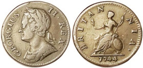 George II, Farthing 1744, F-VF, nice strong medium brown. (A GF sold for $78, CNG 3/22.)