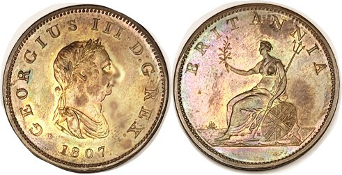 George III, 1/2 Penny 1807, Ch UNC, great luster with attractive colorful toning...