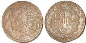5 Kop 1773-EM, big copper, 43 mm, VG, moderately coarse surface mainly on obv. Rev decent.