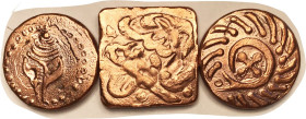 3 Copper things, cast uniface, one resembles Thai conch coin, one English sceat, one square Indian dump; each 39 mm; hefty, total weight 8 ozs; bright...