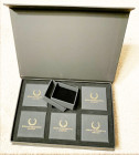ROMA Numismatics fancy black coin boxes, 9+x6+ inches, 6 boxes, each with 6 spaces holding 60x60 mm inner boxes. Magnetic clasps. Excellent condition.