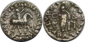 Griechische Münzen, INDO - SKYTHEN. Azes I/II, ca. 35-12 v. Chr. Drachmen (1,61 g. 16,5 mm). Vs.: König zu Pferd n. r. Rs.: Zeus mit Szepter und Nike ...