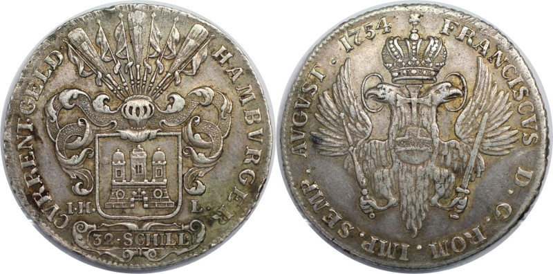 Altdeutsche Münzen und Medaillen, HAMBURG. 32 Schilling 1754 IHL mit Titel Kaise...