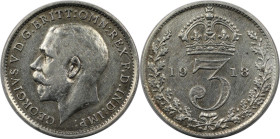 Europäische Münzen und Medaillen, Großbritannien / Vereinigtes Königreich / UK / United Kingdom. George V. (1910-1936). 3 Pence 1918, Silber. KM 813. ...