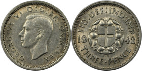 Europäische Münzen und Medaillen, Großbritannien / Vereinigtes Königreich / UK / United Kingdom. George VI. (1936-1952). 3 Pence 1942, Silber. KM 848....