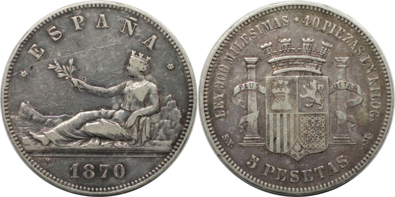 Europäische Münzen und Medaillen, Spanien / Spain. 5 Pesetas 1870. Silber. Sehr ...