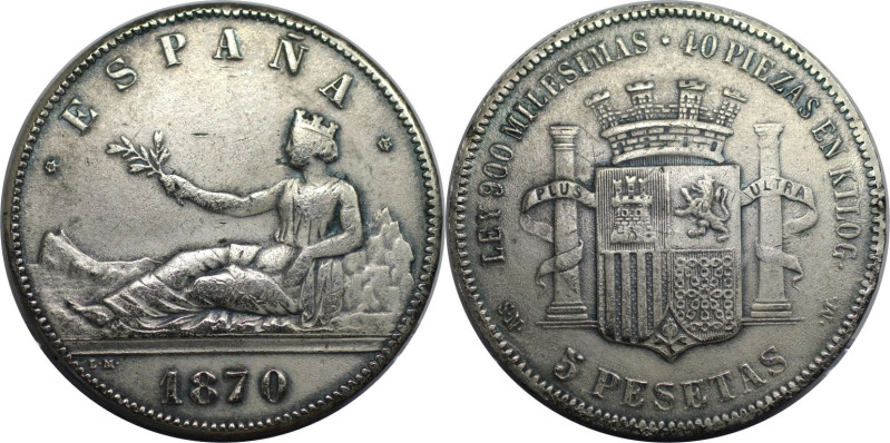 Europäische Münzen und Medaillen, Spanien / Spain. 5 Pesetas 1870. Silber. KM 65...