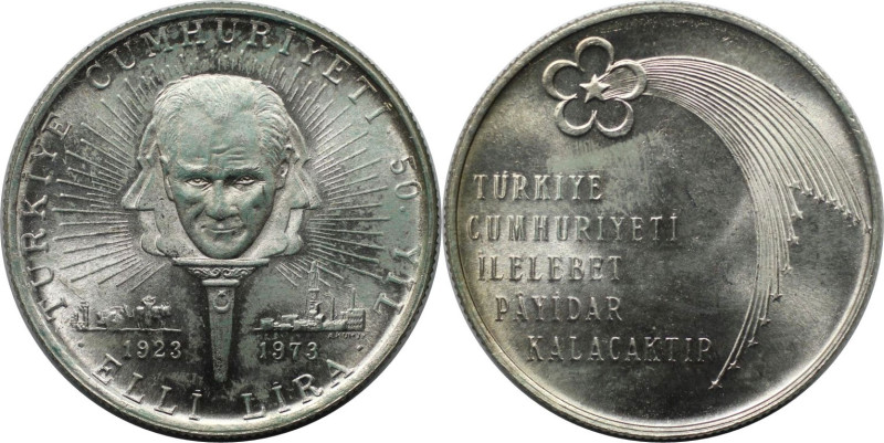 Weltmünzen und Medaillen, Türkei / Turkey. 50. Jahrestag der Republik. 50 Lira 1...