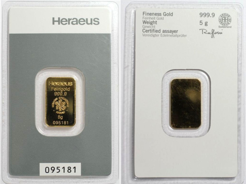 Medaillen und Jetons, Goldbarren / Gold bar. 5 g. Feingold 9999 Heraeus Hanau. I...