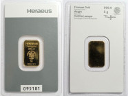 Medaillen und Jetons, Goldbarren / Gold bar. 5 g. Feingold 9999 Heraeus Hanau. Im Original Blister oder von uns eingeschweisst geliefert