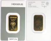 Medaillen und Jetons, Goldbarren / Gold bar. 10 g. Feingold 999,9 Heraeus Hanau. Im Original Blister oder von uns eingeschweisst geliefert