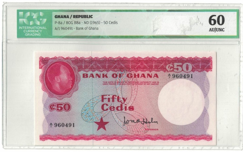 Banknoten, Ghana. 50 Cedis ND (1965). Kwame Nkruma links. P. 8a. ICG 60 AU/UNC