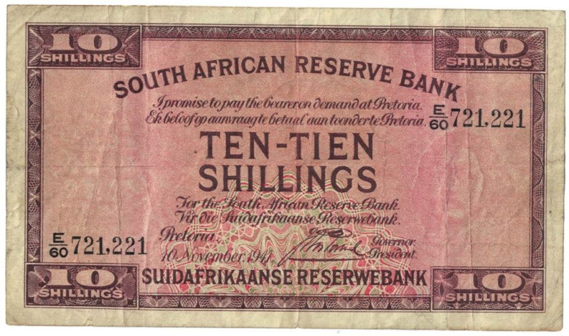 Banknoten, Südafrika / South Africa. 10 Shillings 1941. Pick 82d. III