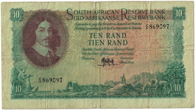 Banknoten, Südafrika / South Africa. 10 Rand ND (1961). Erste Zeilen mit Banknam...