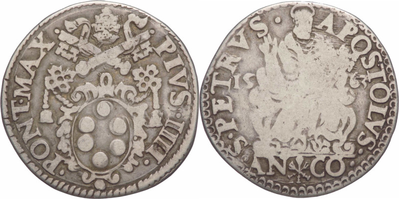 Stato Pontificio - Ancona - Pio IV, Medici (1559-1565) - testone - Munt. 46 - 9,...