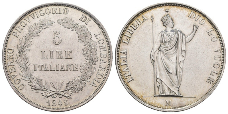 Milano - Governo Provvisorio di Lombardia (1848) 5 Lire 1848 - Rami Lunghi, stel...