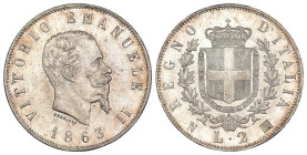 Regno d'Italia - Vittorio Emanuele II (1861-1878) 2 Lire "Stemma" 1863, Napoli - Gig.56 - Ag - Estremamente difficile da reperire in questa conservazi...