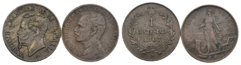 Regno d'Italia - lotto di 2 monete da: 1 centesimo 1867 M; 1 centesimo Italia su...