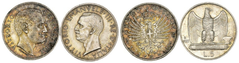 Regno d'Italia - Lotto n.2 Monete composto da: 1 Lira "Aquila Sabauda" 1907 - 5 ...