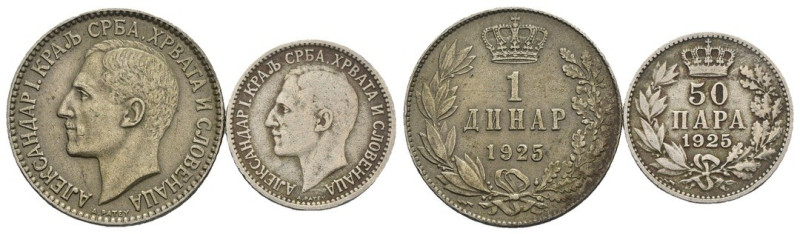 Jugoslavia - Alessandro I (1921-1929) - Lotto di 2 monete da 1 Dinar 1925 e 50 P...