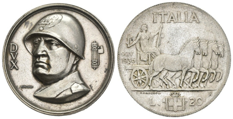 Medaglia - Effige B.Mussolini su Moneta da 20 Lire 1936 XIV - gr. 17,47; Ø mm 51...