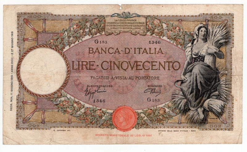 Regno d'Italia - Vittorio Emanuele III - 500 Lire "Capranesi" "Mietitrice" - Con...